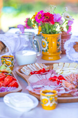 Colorful Breakfast Spread with Flowers