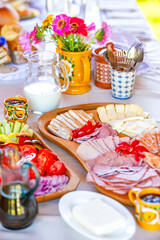 Rustic Breakfast Spread with Flowers