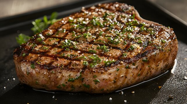 28. A herb-crusted steak positioned on a mysterious dark backdrop with elegant shadows