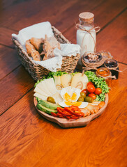Rustic Breakfast Spread on Wooden Table