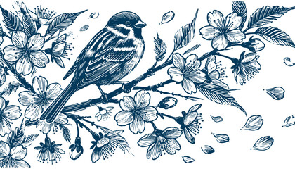 Hand-drawn Sparrow Illustration – Detailed Sketch of a Wild House Sparrow on a Branch