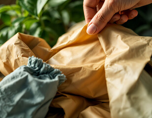 Obraz premium close-up view of woman putting crumpled clothes in bag. Unpacking New Clothes