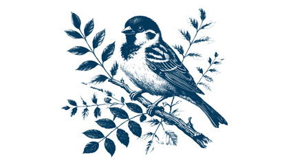 Hand-drawn Sparrow Illustration – Detailed Sketch of a Wild House Sparrow on a Branch