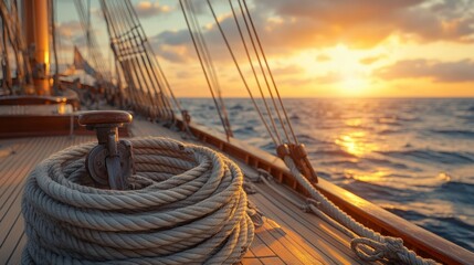 Obraz premium Vintage sailboat ropes at sunset on the ocean