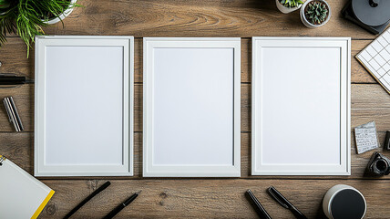 Three white large photo frames lie on a wooden table, not overlapping each other, surrounded by office supplies such as an inkwell, pens, a calendar, and more Made with generative AI