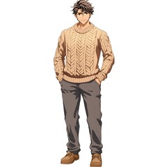 Fototapeta premium Anime-Style Young Man in Sweater and Jeans Standing Casually on white background