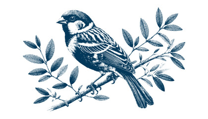 Hand-drawn Sparrow Illustration – Detailed Sketch of a Wild House Sparrow on a Branch