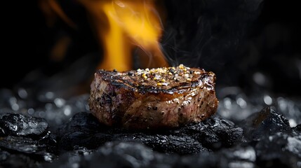 11. A flame-grilled steak with a smoky crust resting on a mysterious black and silver backdrop