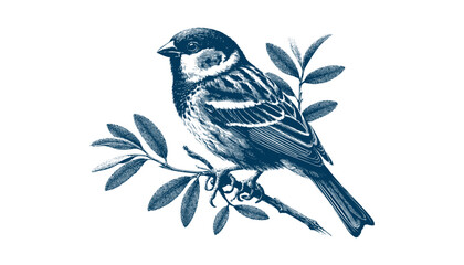 Hand-drawn Sparrow Illustration – Detailed Sketch of a Wild House Sparrow on a Branch