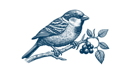 Hand-drawn Sparrow Illustration – Detailed Sketch of a Wild House Sparrow on a Branch