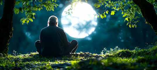 Serene man meditates under a large moon in a tranquil forest at night. Perfect for relaxation, peace, and mindfulness content