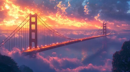 Fototapeta premium Anime-style Golden Gate Bridge, bathed in soft morning light, dense fog swirling around the structure, vibrant colors and intricate details emphasizing the serene and mystical ambiance. --ar 16:9