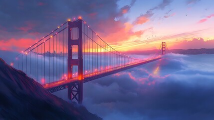Fototapeta premium Anime-style Golden Gate Bridge, bathed in soft morning light, dense fog swirling around the structure, vibrant colors and intricate details emphasizing the serene and mystical ambiance. --ar 16:9