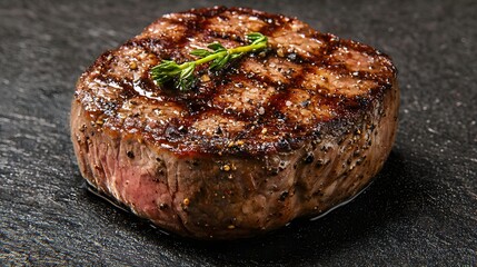 2. A medium-rare filet mignon resting on a deep charcoal black background with a glistening surface