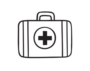 First aid kit hand drawn doodle icon. Drawing first aid kit case icon. Treatment, medicine concept.