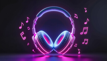 Neon glowing headphones with floating music notes