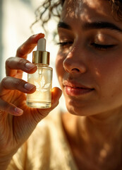 Fototapeta premium Close up of a beautiful young woman holding a bottle of serum. Woman Applying CBD Face Serum