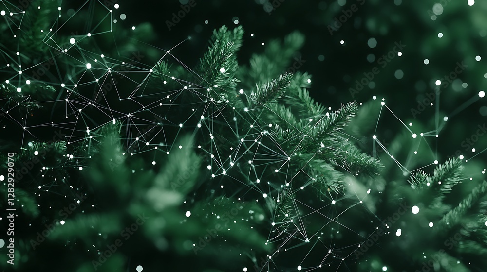 Poster green pine tree branches overlaid with a network pattern of connection