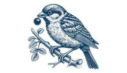 Hand-drawn Sparrow Illustration – Detailed Sketch of a Wild House Sparrow on a Branch