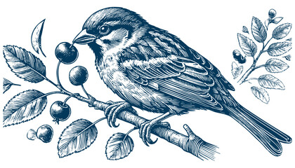 Hand-drawn Sparrow Illustration – Detailed Sketch of a Wild House Sparrow on a Branch