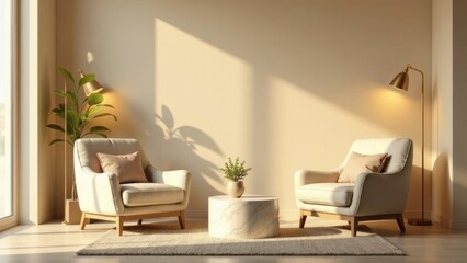 Warm Sunlight Illuminates a Serene Living Room with Elegant Armchairs and Soft Lighting