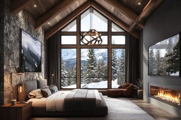Luxurious mountain bedroom with panoramic views