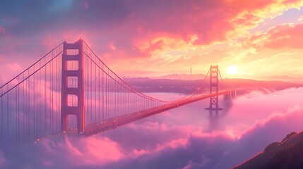 A serene anime-inspired view of the Golden Gate Bridge, enveloped in glowing morning mist, warm light breaking through the fog, intricate textures and soft pastel tones creating a dreamy atmosphere.