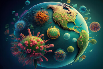 The virus spreads worldwide through the air.