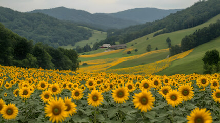 Obraz premium Vibrant yellow sunflowers bloom in a vast field nestled within rolling green hills and distant mountains under an overcast sky.