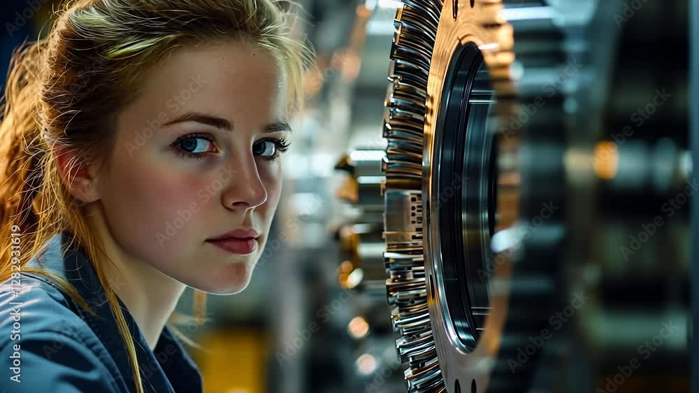 Poster a focused female engineer examines a complex machine component, showcasing her expertise and attenti