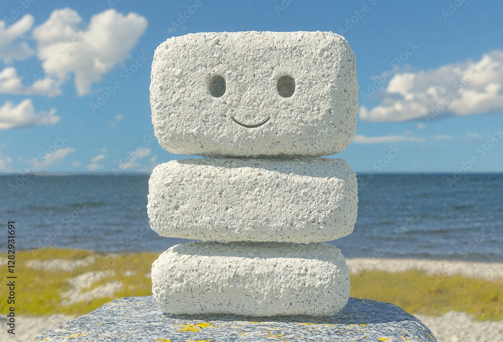 Poster stack of three smiling stone blocks is arranged on beach with clear blue sky and ocean in background
