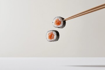 Two Salmon Sushi Rolls Held by Chopsticks