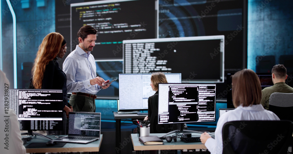 Poster Team of diverse software engineers coding on desktop computers