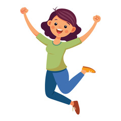 Happy girl jumping up in air. Excited joyful teenager celebrating, flying in air in dynamic energetic emotional pose with fists, arms gesture. Flat vector illustration isolated on white background