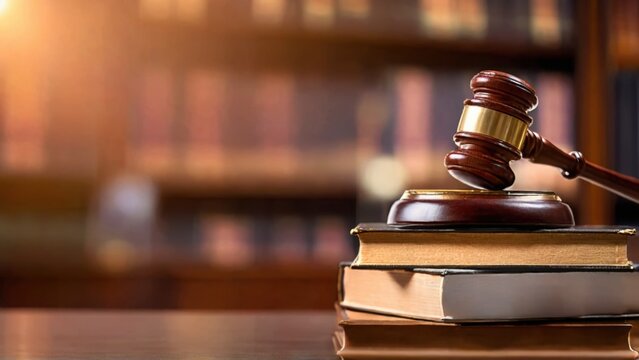 Wooden gavel rests on stack of law books on table. Legal framework update concept. Modern challenges require policy updates, new legal measures. Books signify updated legal provisions.
