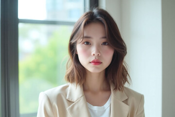 young woman in front of window with serene expression blazer