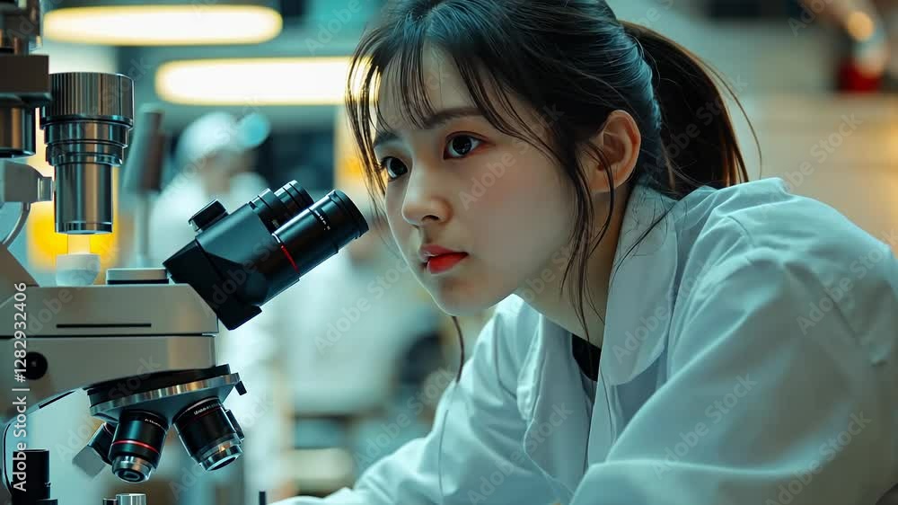 Poster a focused female engineer meticulously analyzes samples through a microscope, surrounded by advanced