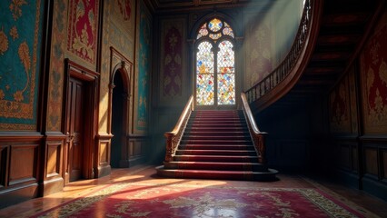 Obraz premium Sunlit Grand Staircase in a Historic Mansion with Ornate Wall Decor and Stained Glass Window
