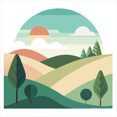 landscape with green hills and blue sky vector illustration.