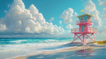 A sunny day at Miami Beach, hyper-realistic detail, turquoise ocean waves crashing lightly against the shore, a neon pink and green lifeguard tower adding a vibrant pop of color,
