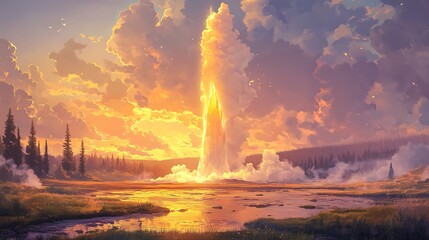 A stunning anime-style view of Old Faithful, erupting steam glowing under golden sunlight, lush and colorful natural surroundings, vivid sky with subtle cloud textures enhancing the composition.
