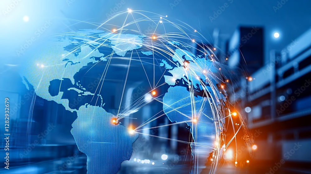 Aufkleber global network connection over world map with glowing dots in a blurred warehouse