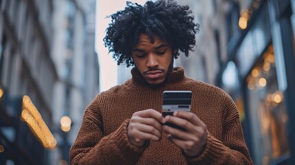 stylish young man with curly hair using smartphone in urban setting