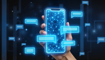 Hand holding a smartphone with digital chat bubbles