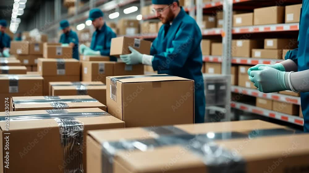 Poster dedicated workers meticulously pack cardboard boxes in a food processing plant, ensuring quality con