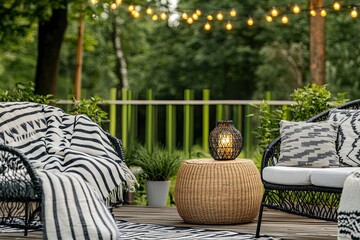 Outdoor patio seating area with blankets, pillows, and a lantern; park in background