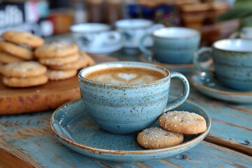Stunning latte art design paired with a delightful cookie on a charming cafe table setting