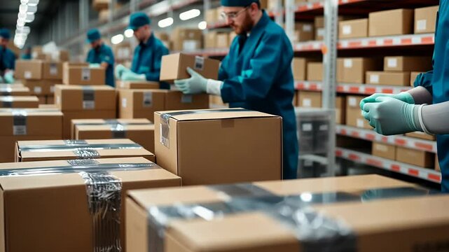 Dedicated workers meticulously pack cardboard boxes in a food processing plant, ensuring quality control and efficiency in their tasks. The atmosphere is fast-paced and focused.