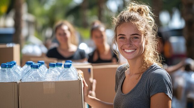 volunteers supporting disaster-stricken communities by delivering food boxes and water offering care assistance and hope to those affected - Powered by Adobe
