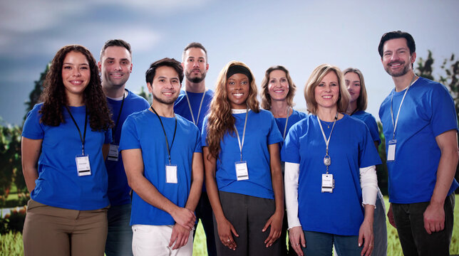 Team of diverse volunteers helping community